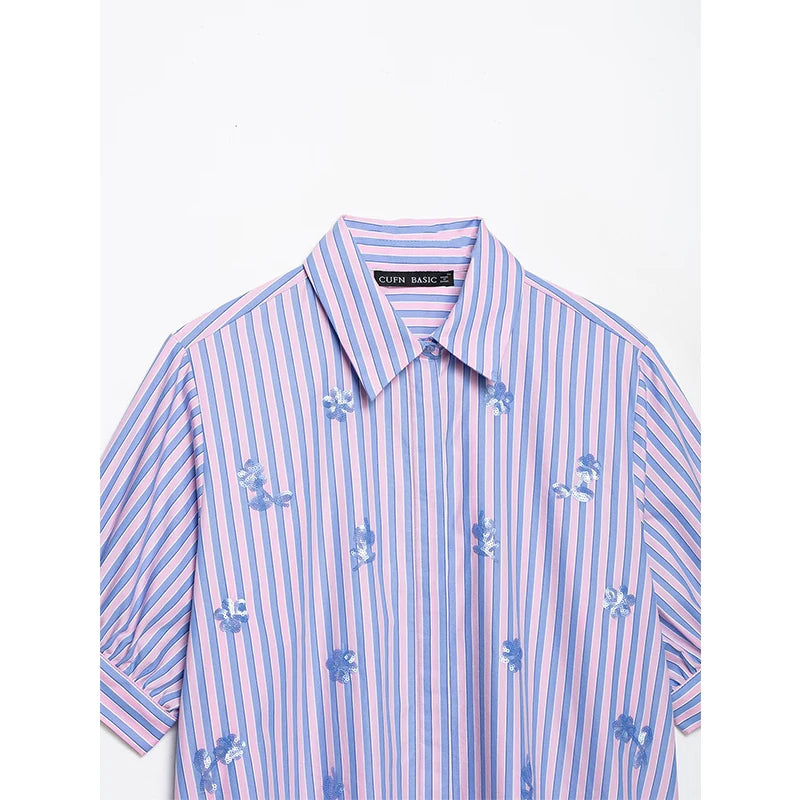 Sequined Striped Crop Women Blue Shirt