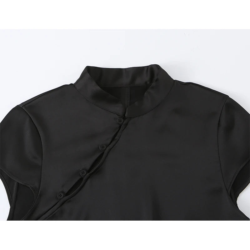 Black Mandarin Collar Side Button Satin Blouse