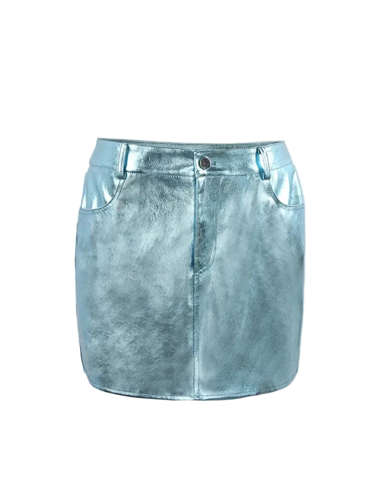 Pink Silver Reflective Shiny Leather Mini Skirts