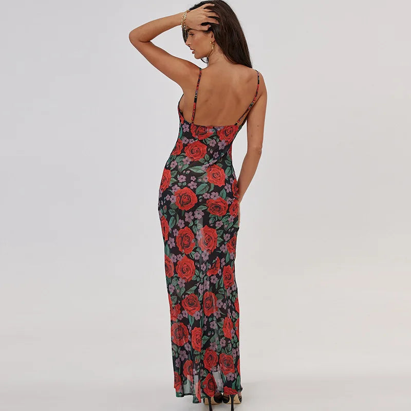 Floral Red Rose Maxi Dress