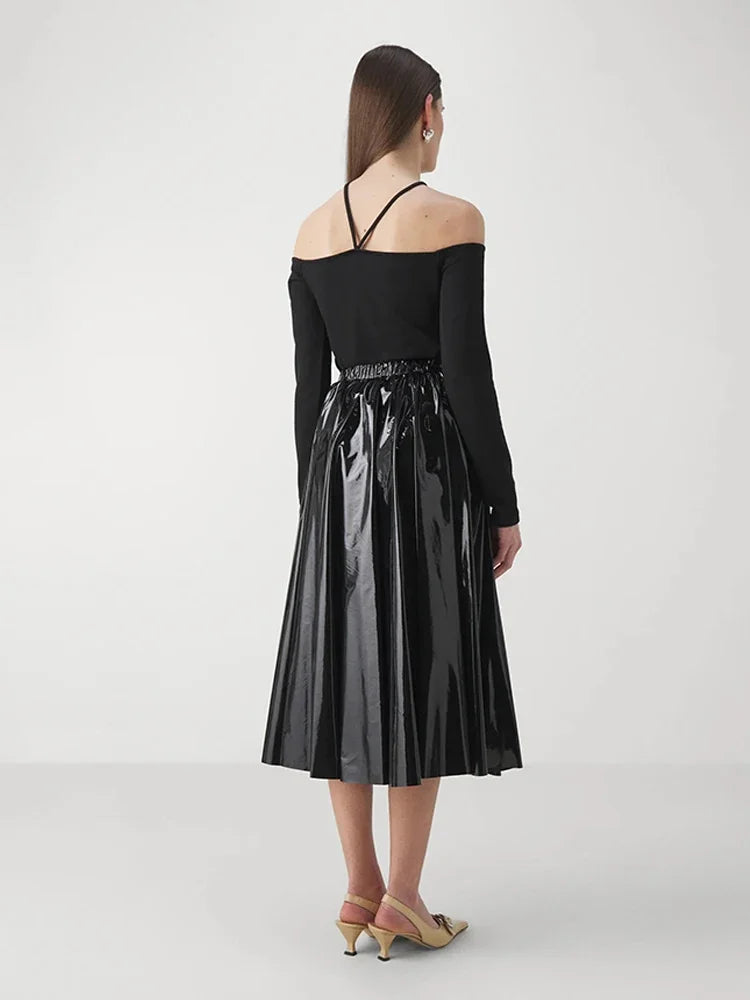Glossy Leather Pleated Midi Skirt