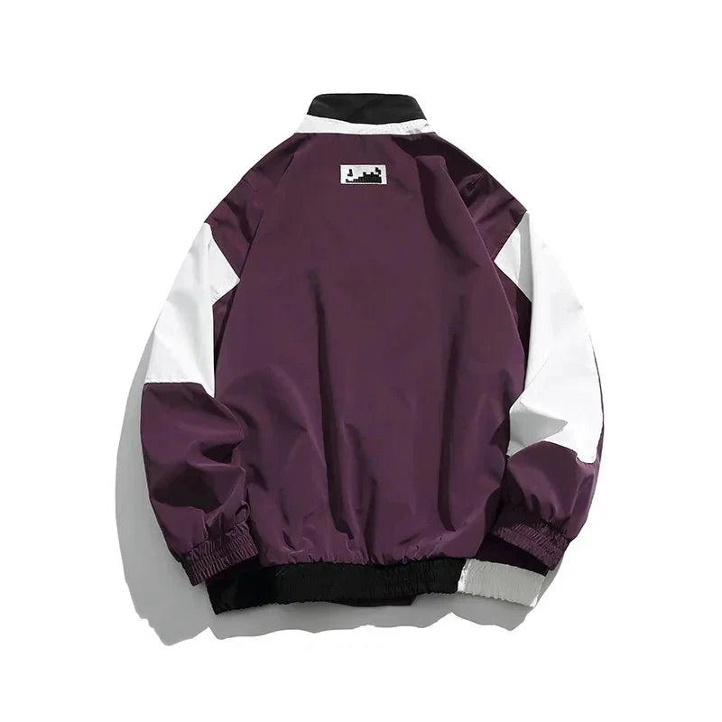 Purple and white jacket with a brand logo on a white background