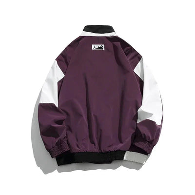 Purple and white jacket with a brand logo on a white background