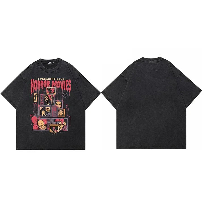Camiseta Negra Lavada con Gráfico de Fantasma