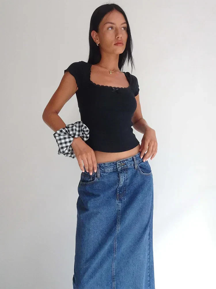 Casual Lace Trim Knitted Square Crop Top