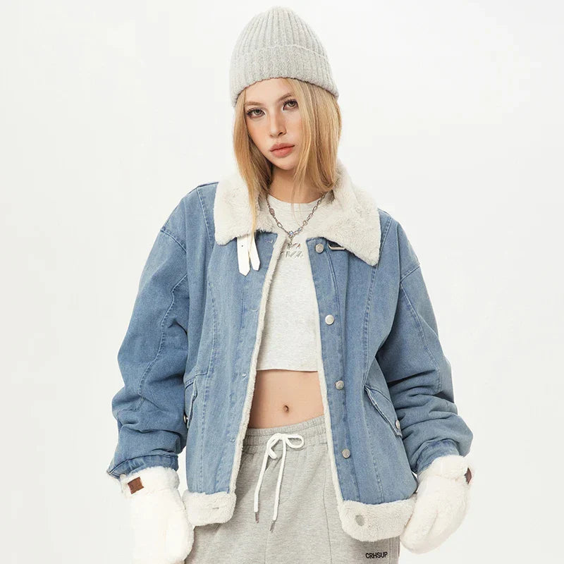 Blue Plush Lady Short Furr Denim Jacket