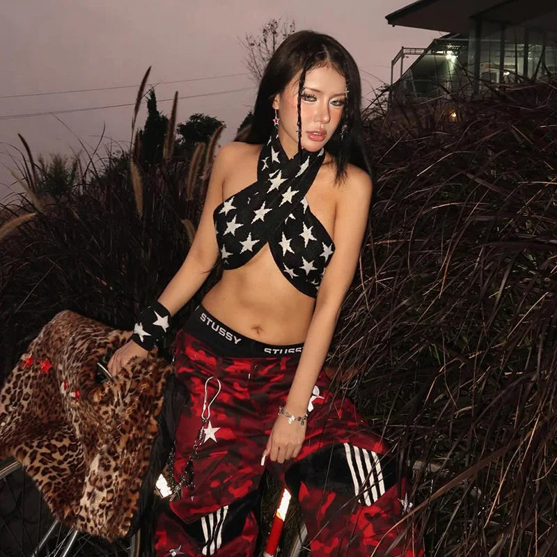 Y2K Star Black Halter Top
