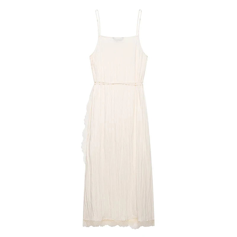 Beige Romantic Crinkled Wrap Slip Dress