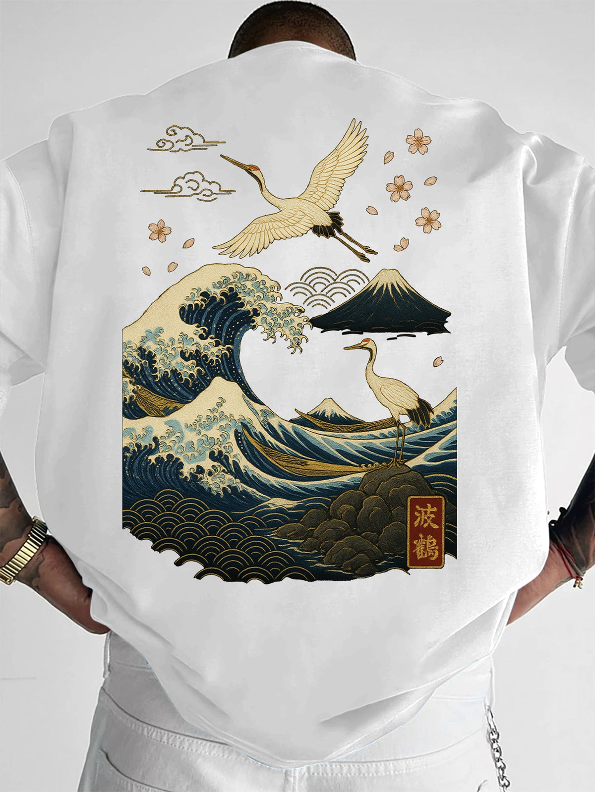 Cherry Blossom Crane Embroidery T-shirt