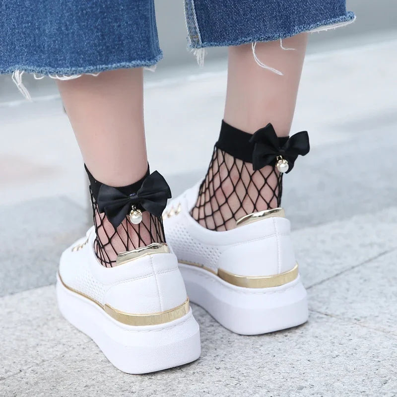 Ladies Fishnet Socks Heel With Bow Pearls Funny Breathable Socks