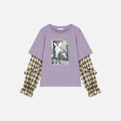 Round Neck Checkered Sleeves T-shirt
