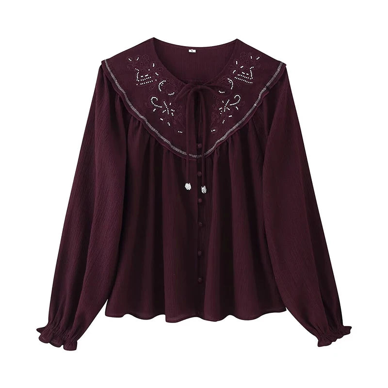Beaded Embroidered Shirt Lace Up Blouses