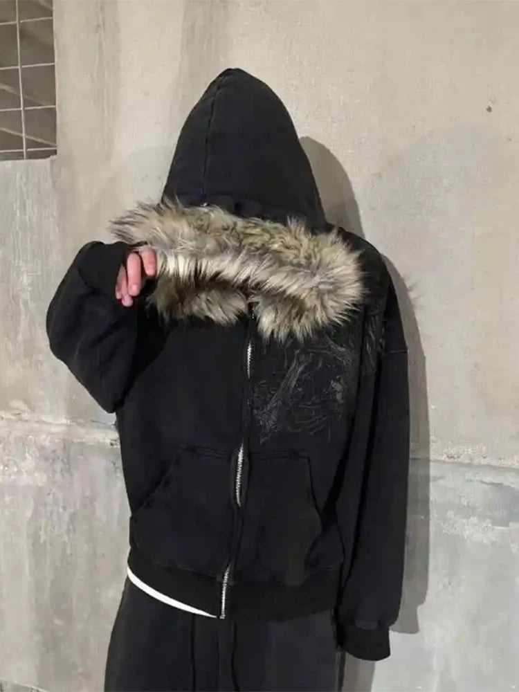 Y2k Oversized Faux Fur Zip Hoodie