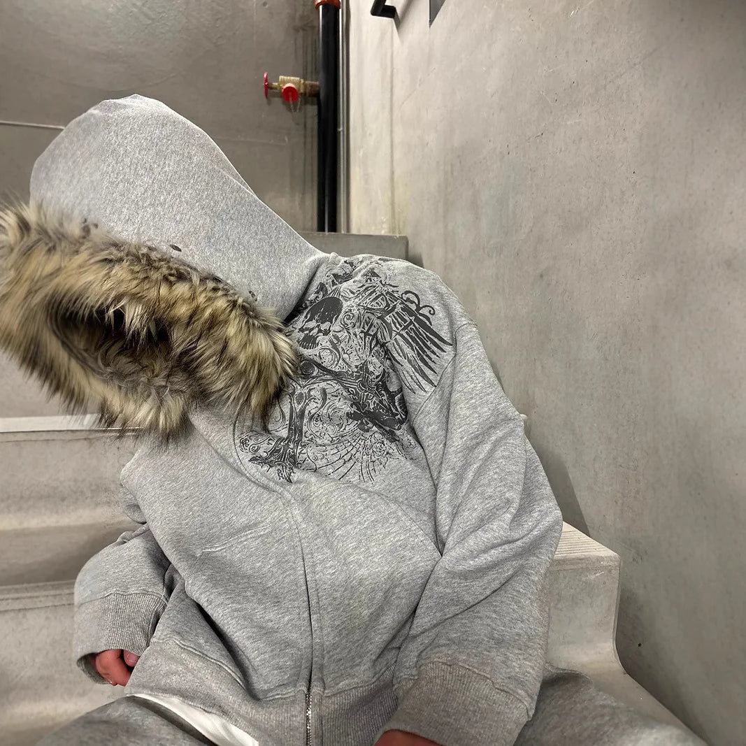 Y2K Graphic Gothic Faux Fur Hoodie