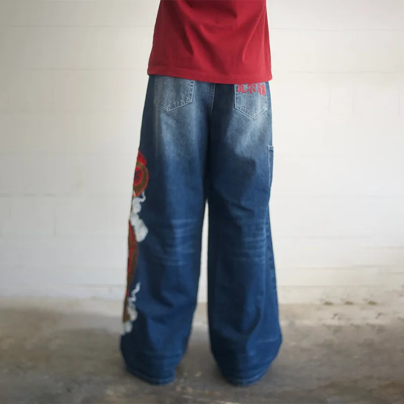 Red Dragon Embroidery Wide Leg Jeans