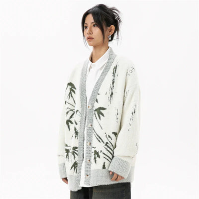 Bamboo Print V-Neck Knitted Cardigan
