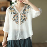 Vintage Embroidered V-Neck Floral T-Shirt