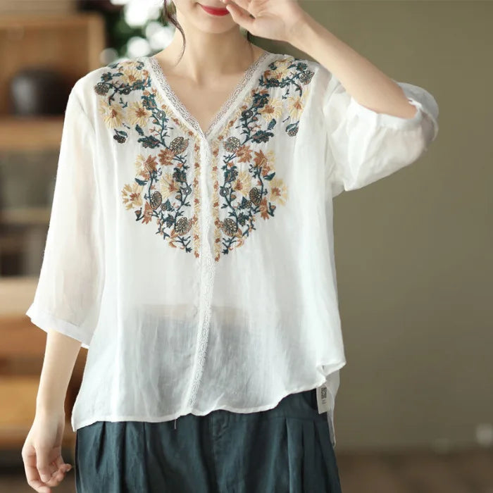 Vintage Embroidered V-Neck Floral T-Shirt