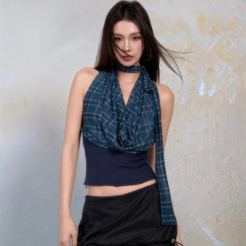 Korean Sleeveless V-neck Plaid Tank Top