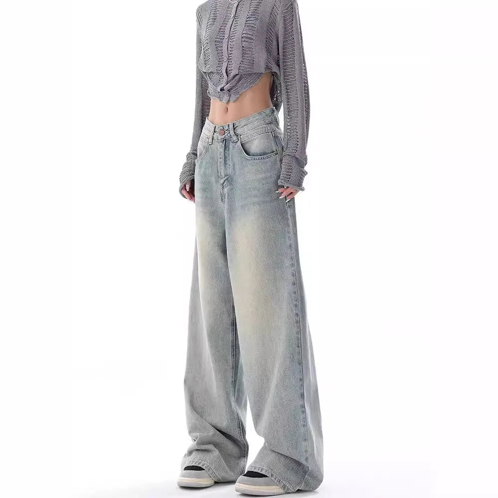 Y2K Off-White Color Distressed Wide Leg Jeans