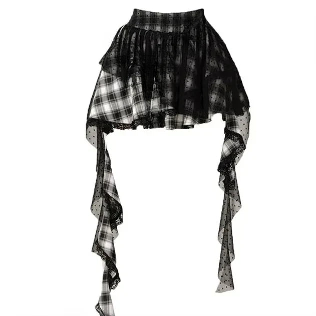 Plaid Lace Patch Gothic Irregular Skirt