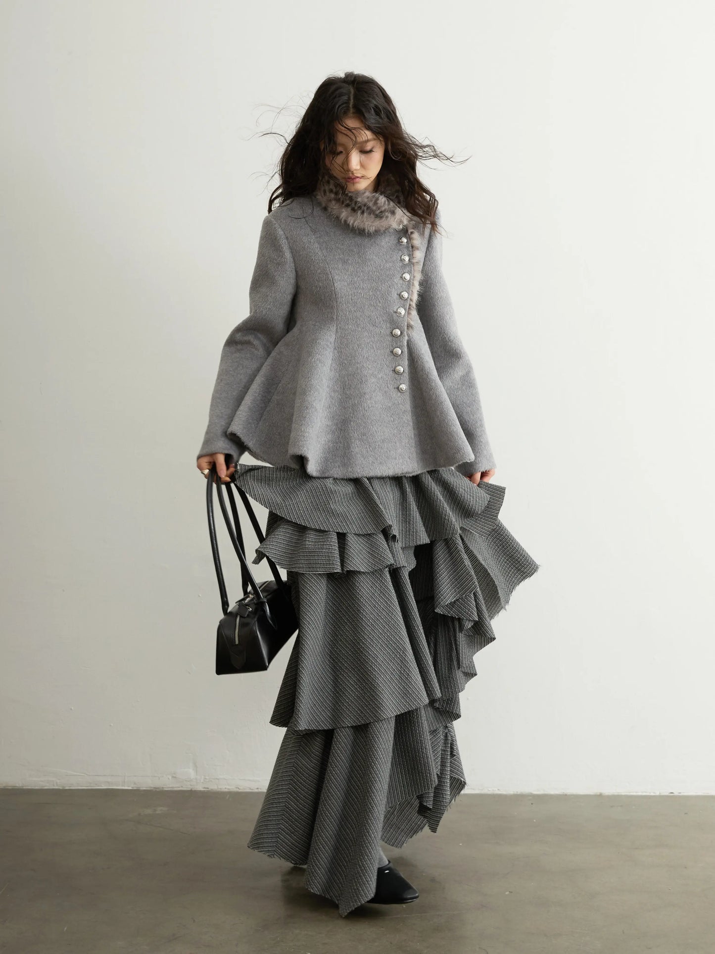 Elegant Grey Striped Ruffled Tiered Skirt