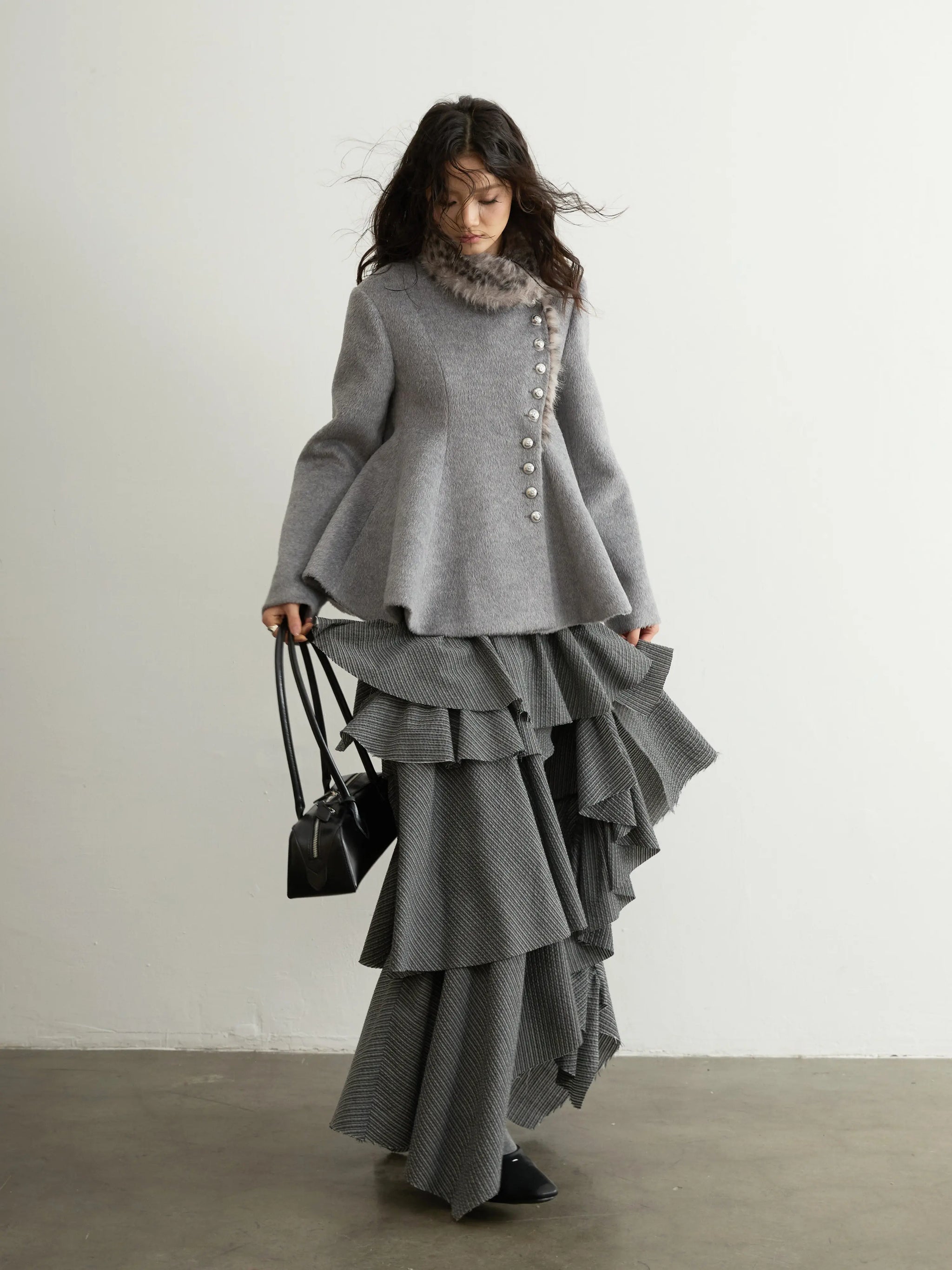 Elegant Grey Striped Ruffled Tiered Skirt