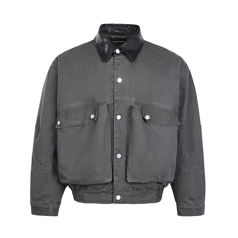 Cyberpunk Leather Collar Buttons Denim Jacket