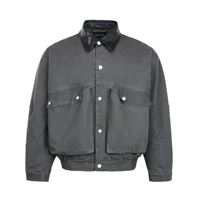 Cyberpunk Leather Collar Buttons Denim Jacket