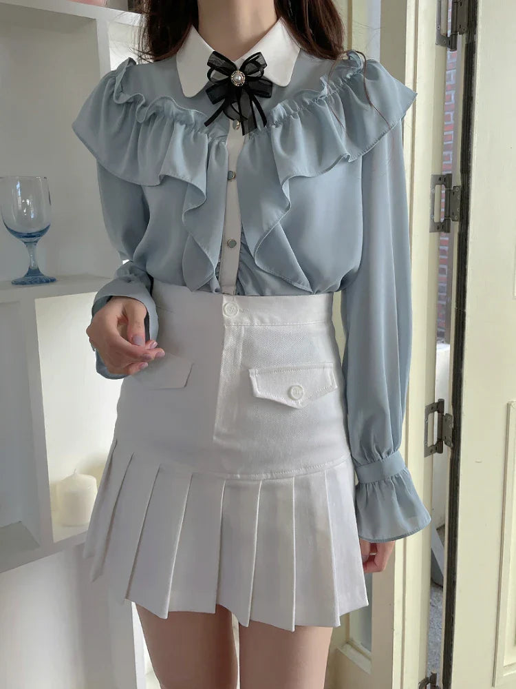 Sweet Bow Ruffle Patchwork Blouse
