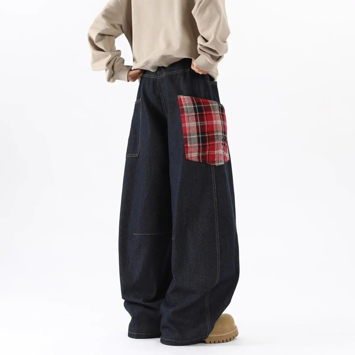 Patchwork Plaid Splicing Wide Leg Jeans