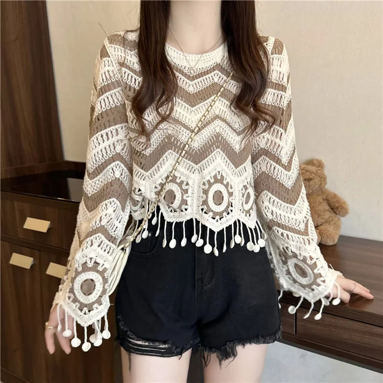 Handmade Knitted V-Neck Wavy Striped Crochet Sweater