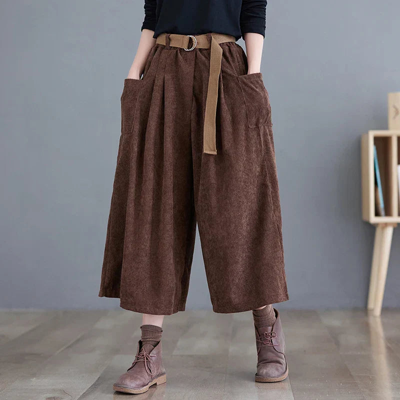 Pantalones Anchos a Media Pierna de Pana Estilo Coreano