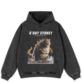Catzilla Cat Print Black Washed Hoodie