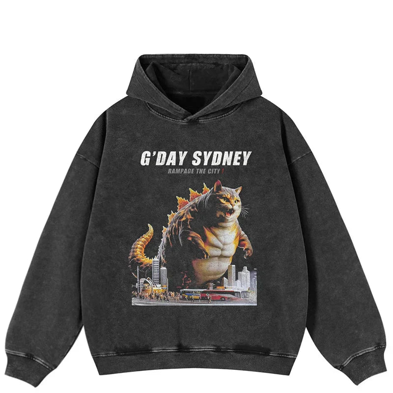 Catzilla Cat Print Black Washed Hoodie