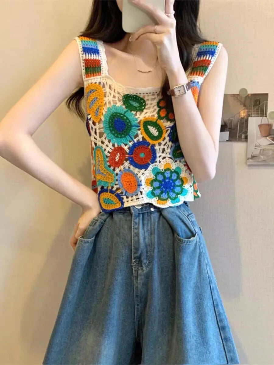 Vintage Knitted Retro Crochet Women Cropped Tank Tops
