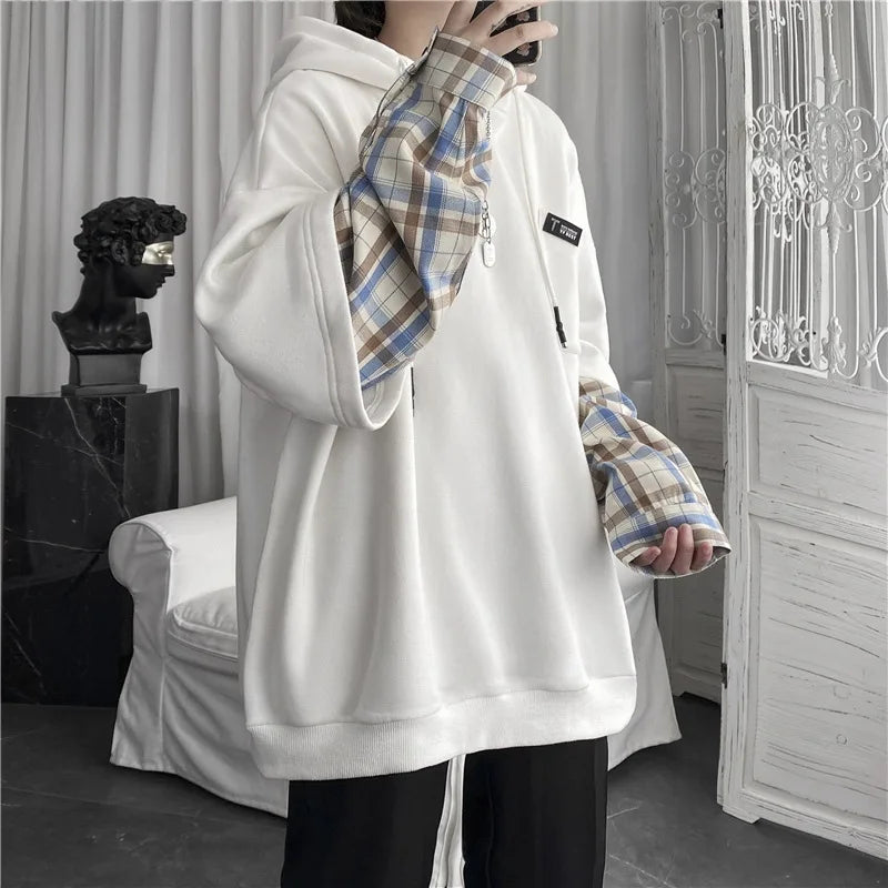 Y2K Layered Plaid Sleeve Hoodie
