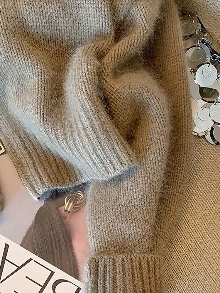 Zipper Knitted Leather Collar Fuzzy Jacket