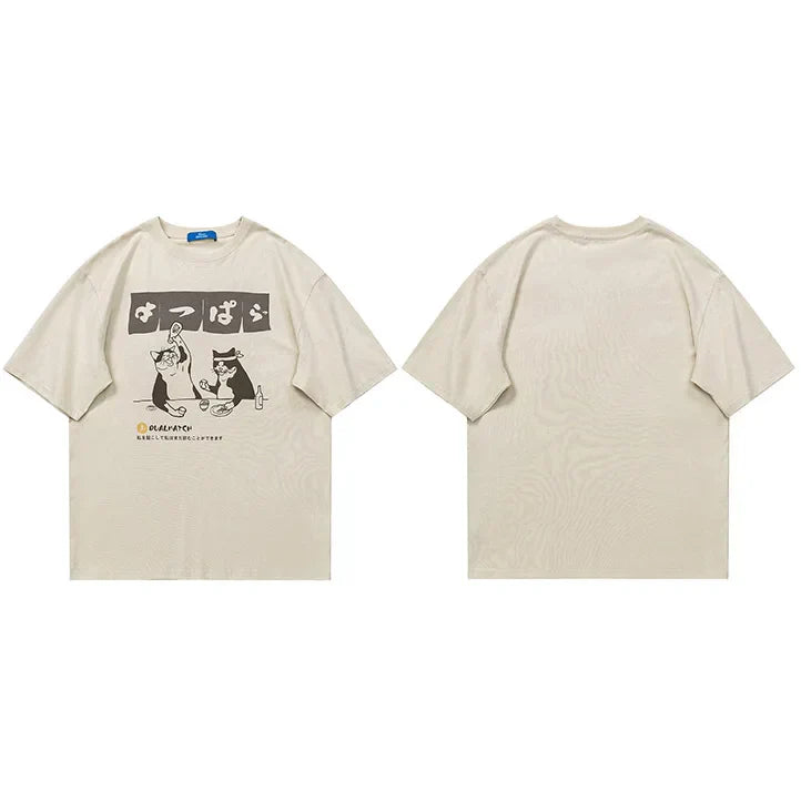 Japanese Cartoon Drinking Cat T-Shirt