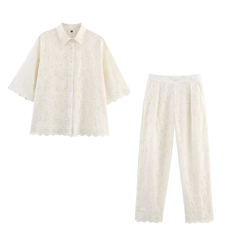 Fashion Hollow Out Embroidery Women Shirt