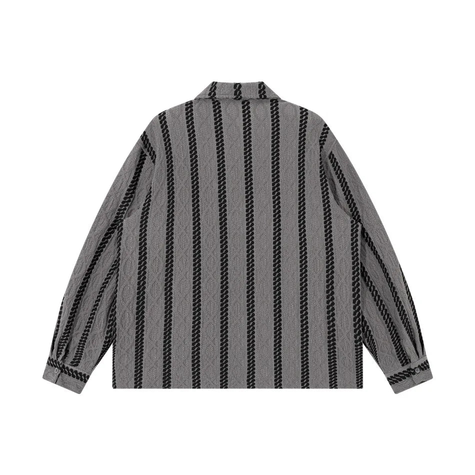 Gestreiftes Jacquard-Langarmhemd mit Kubakragen