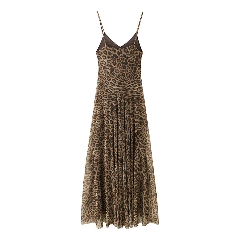 Animal Print V Neck Sling Maxi Dress
