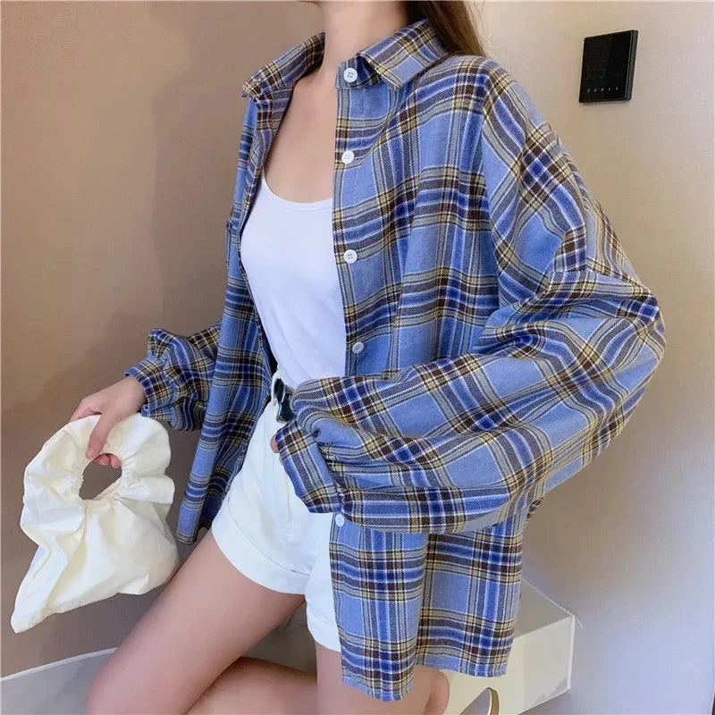 Oversized-Tartan-Jacken-T-Shirt mit Kragen