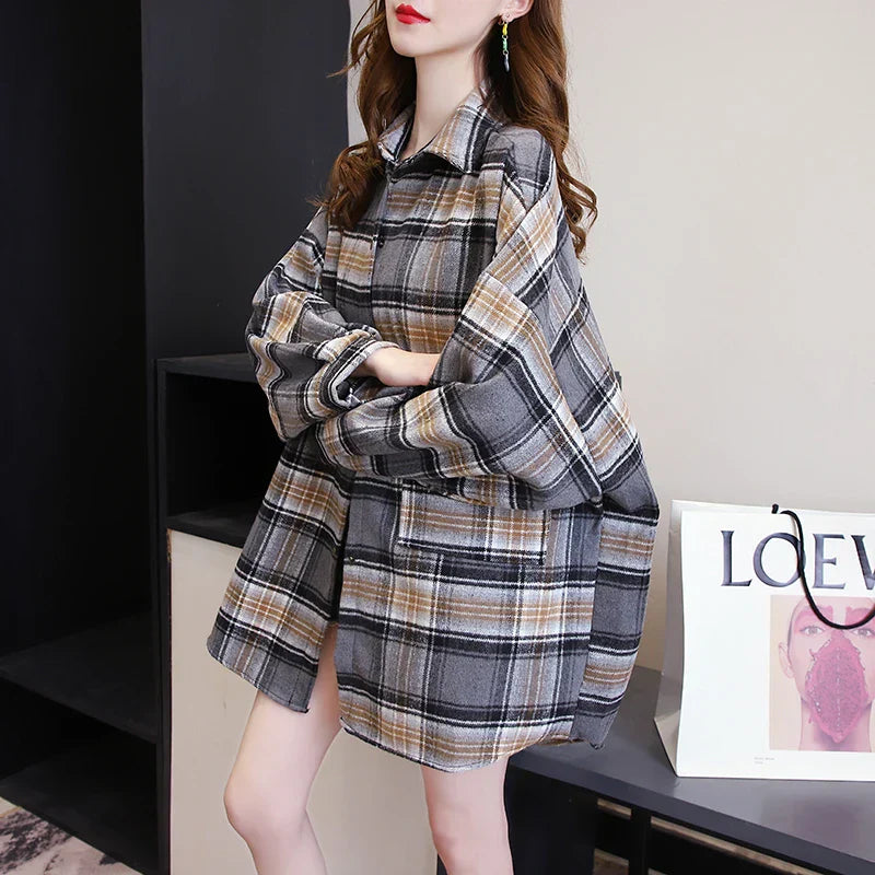 Oversized-Tartan-Jacken-T-Shirt mit Kragen
