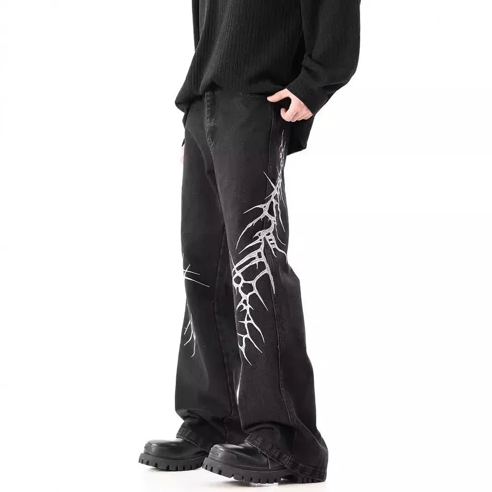 Y2K Jeans mit schwerer Stickerei im geraden Schnitt