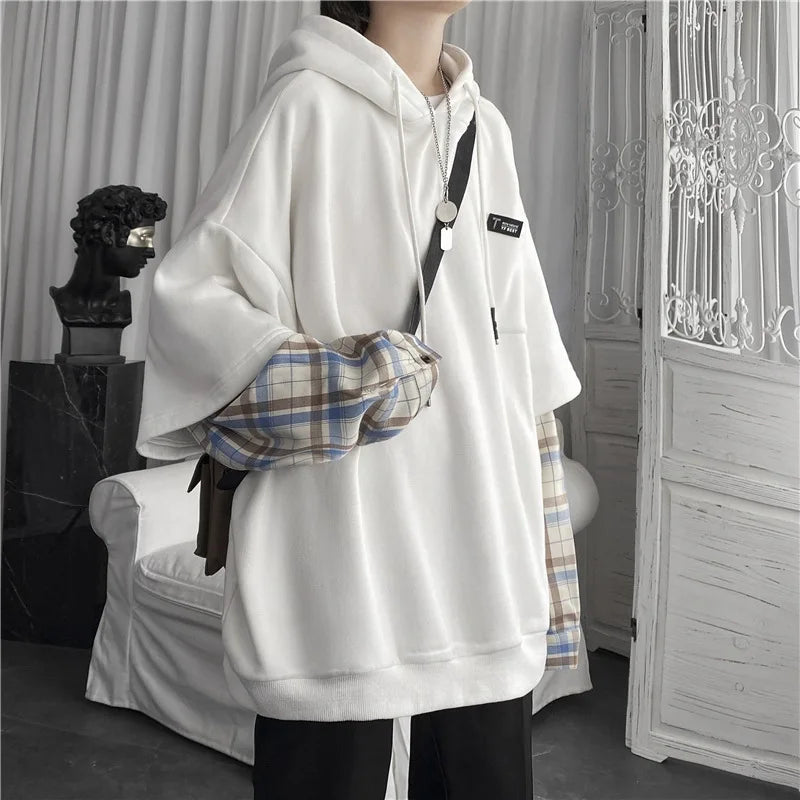 Y2K Layered Plaid Sleeve Hoodie