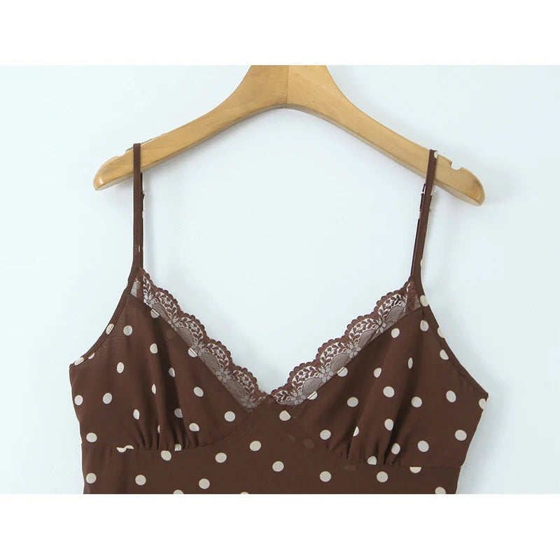 Brown & Black Backless Sling Polka Dot Long Dress