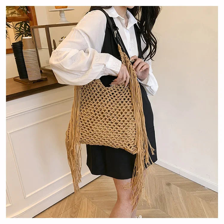 Hollow Out Knitted Tassel Shoulder Bag