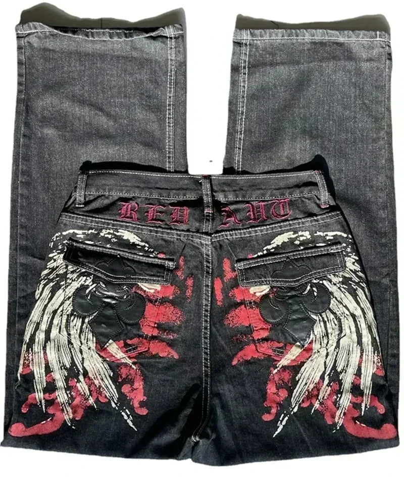 Grunge Embroidery Red Jeans