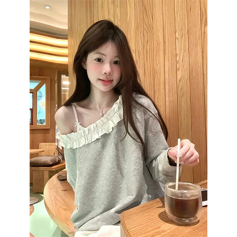 Grey Sexy Skew Collar Sweatshirts